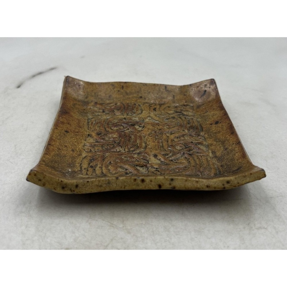 J Porter Studio Pottery Square Trinket Dish Brown Celtic Knot Ceramic Tray
